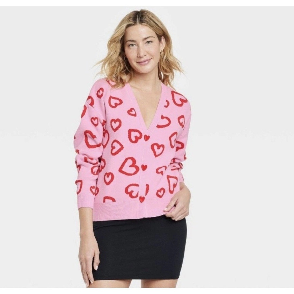33 Degrees Pink Red Heart Pattern Button Up Cardigan Sweater Small